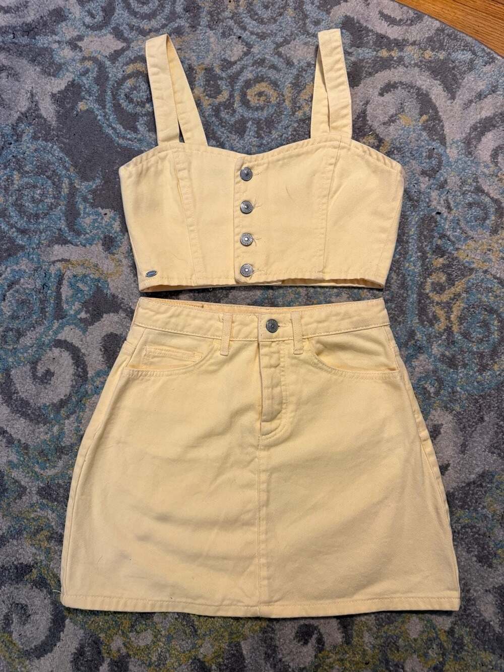 Pull&Bear Paradise League Yellow Denim Crop Top and Mini Skirt Set